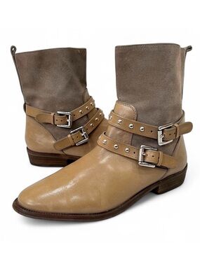 COACH Lilliana Studded Beige Leather Suede Zip Up Ankle Boots Size 6